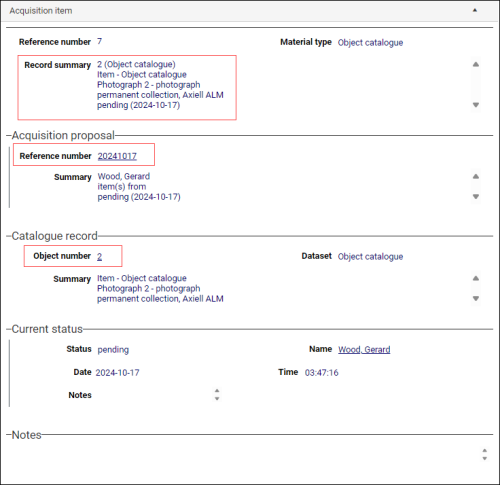 Acquisition item panel